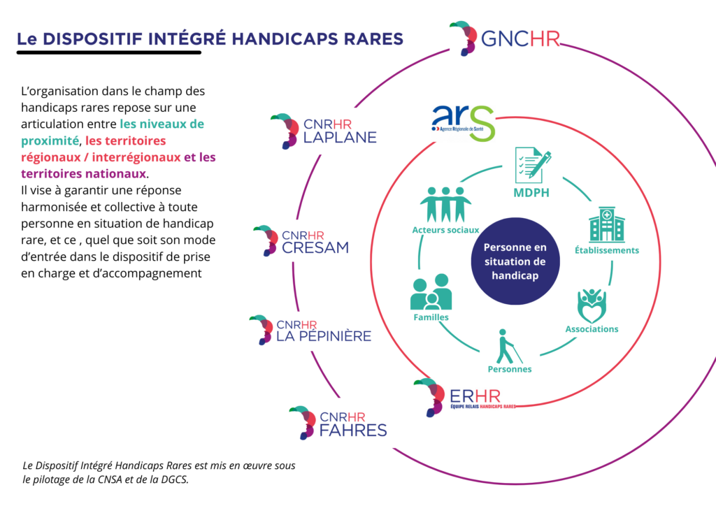 Le DISPOSITIF INTÉGRÉ HANDICAPS RARES
L'organisation dans le champ des handicaps rares repose sur une articulation entre les niveaux de proximité, les territoires régionaux / interrégionaux et les territoires nationaux.
Il vise à garantir une réponse harmonisée et collective à toute personne en situation de handicap rare, et ce, quel que soit son mode d'entrée dans le dispositif de prise en charge et d'accompagnement.
Le Dispositif Intégré Handicaps Rares est mis en œuvre sous le pilotage de la CNSA et de la DGCS.